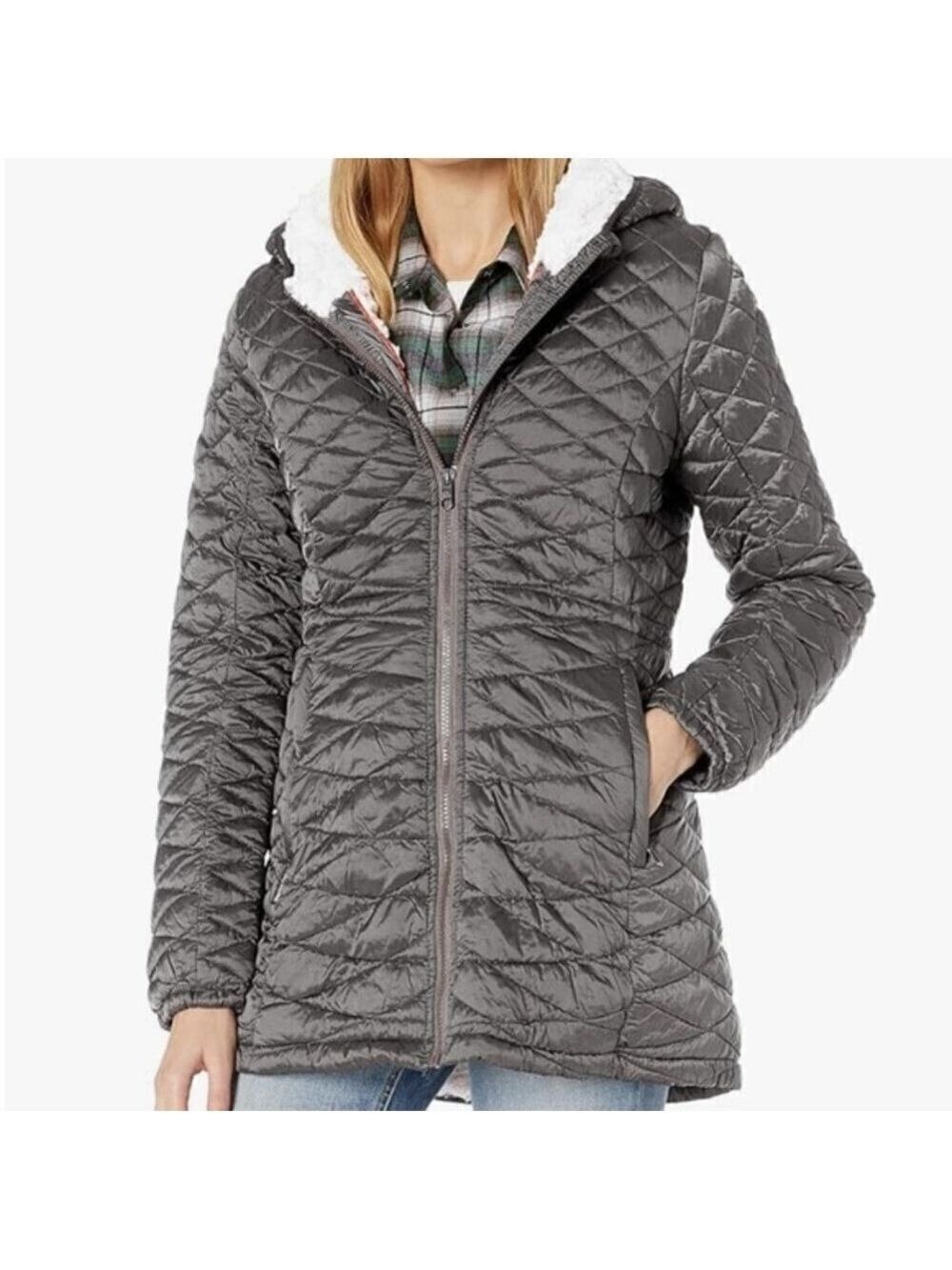 Steve Madden metallic grey quilted Glacier Shield hooded parka S